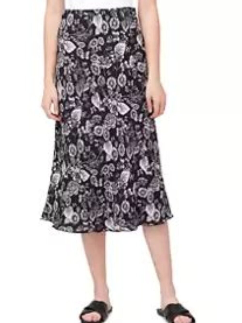 Karen Kane Bias Cut Midi Skirt Black & White Floral Print Lined Large New w/tags